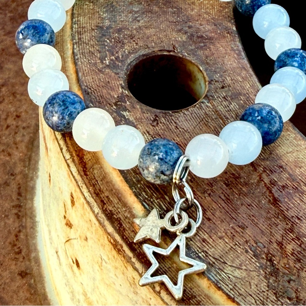 Brand New Gemstone Bracelet Sodalite, Clear Quartz and Angelite with star charms